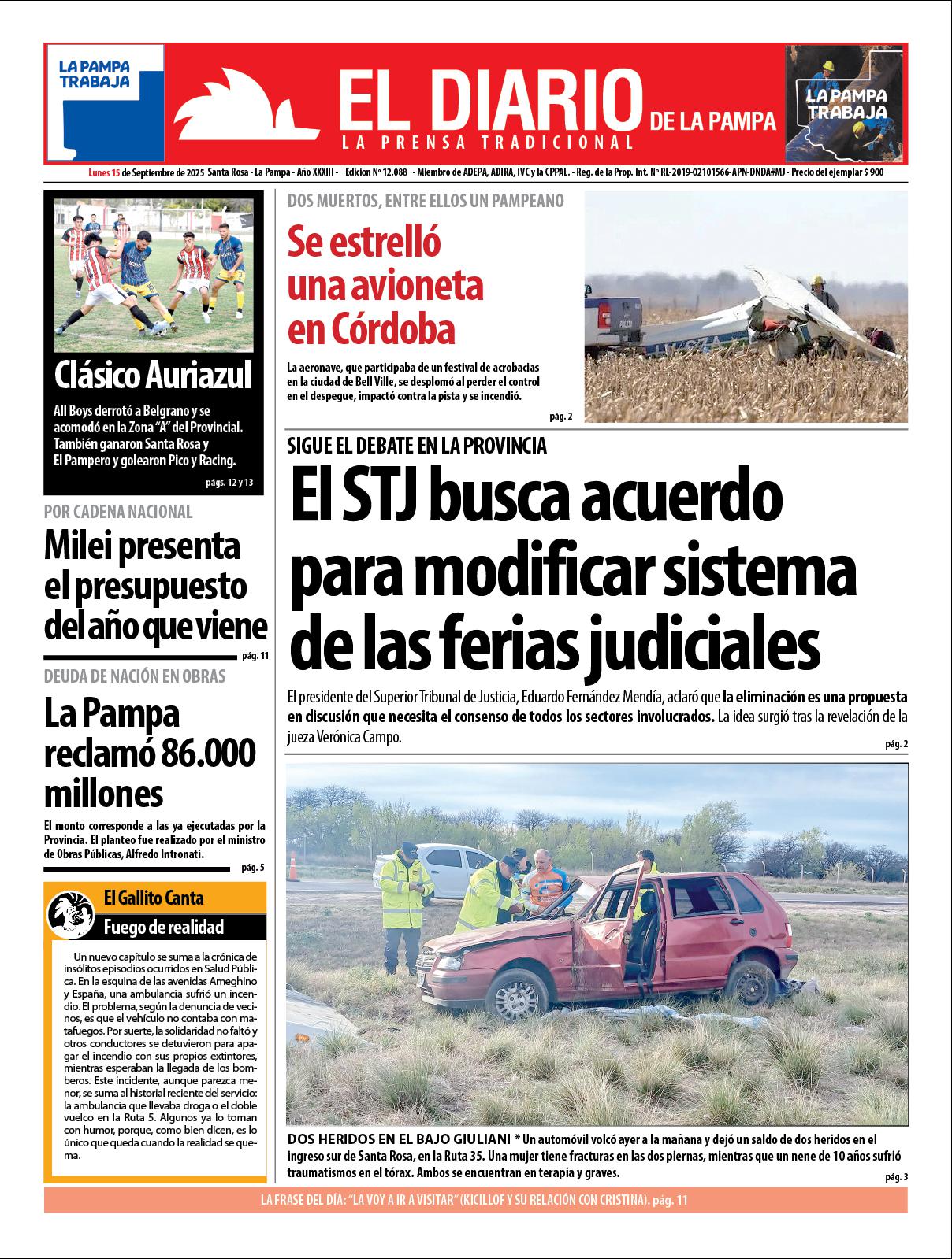 Tapa de El Diario en papel  lunes 15 de septiembre de 2025